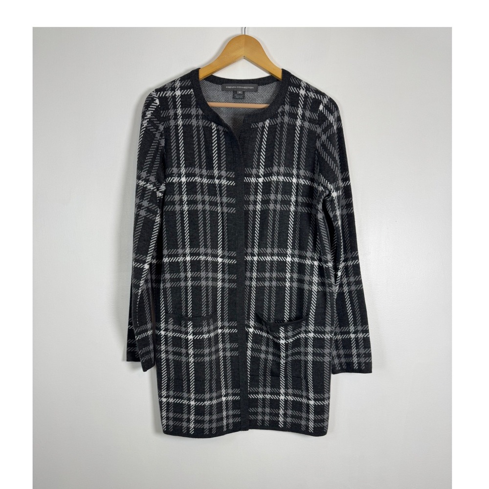 Dark Academia French Connection Womens Medium Longline Plaid Cardigan Gray Black